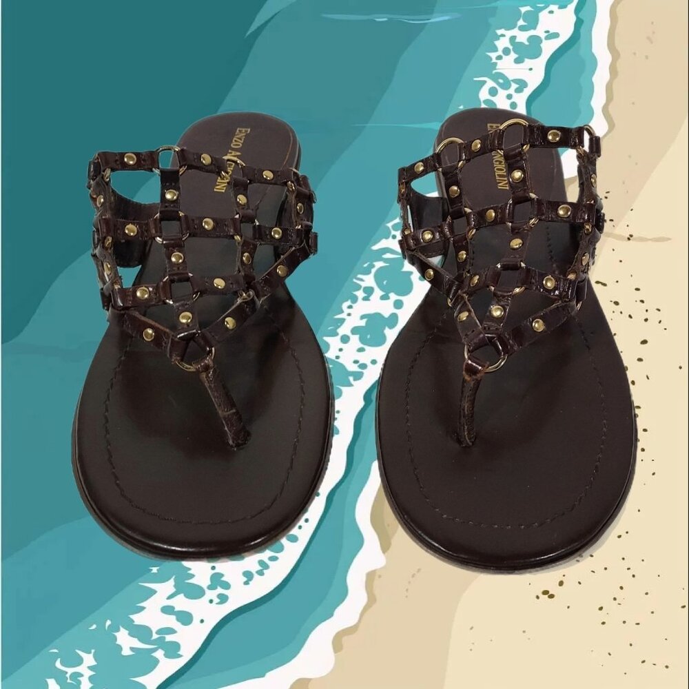 Enzo Angiolini Gladiator Sandals Flip Flops Rivets Brown Gold Women Size 7.5